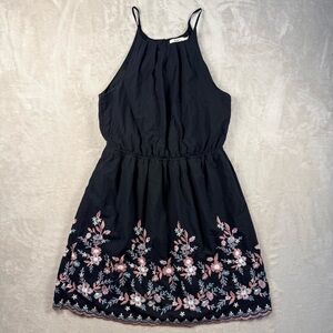 Mi Ami Black Embroidered Floral Halter Dress 100% Cotton Size L